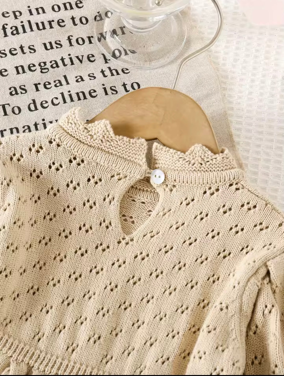 Girls’ Beige Knit Eyelet Dress – Long Sleeve Scalloped Hem