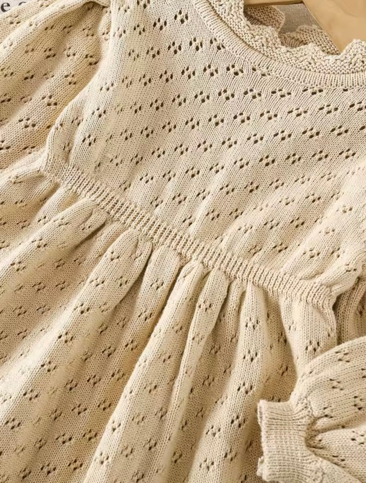 Girls’ Beige Knit Eyelet Dress – Long Sleeve Scalloped Hem