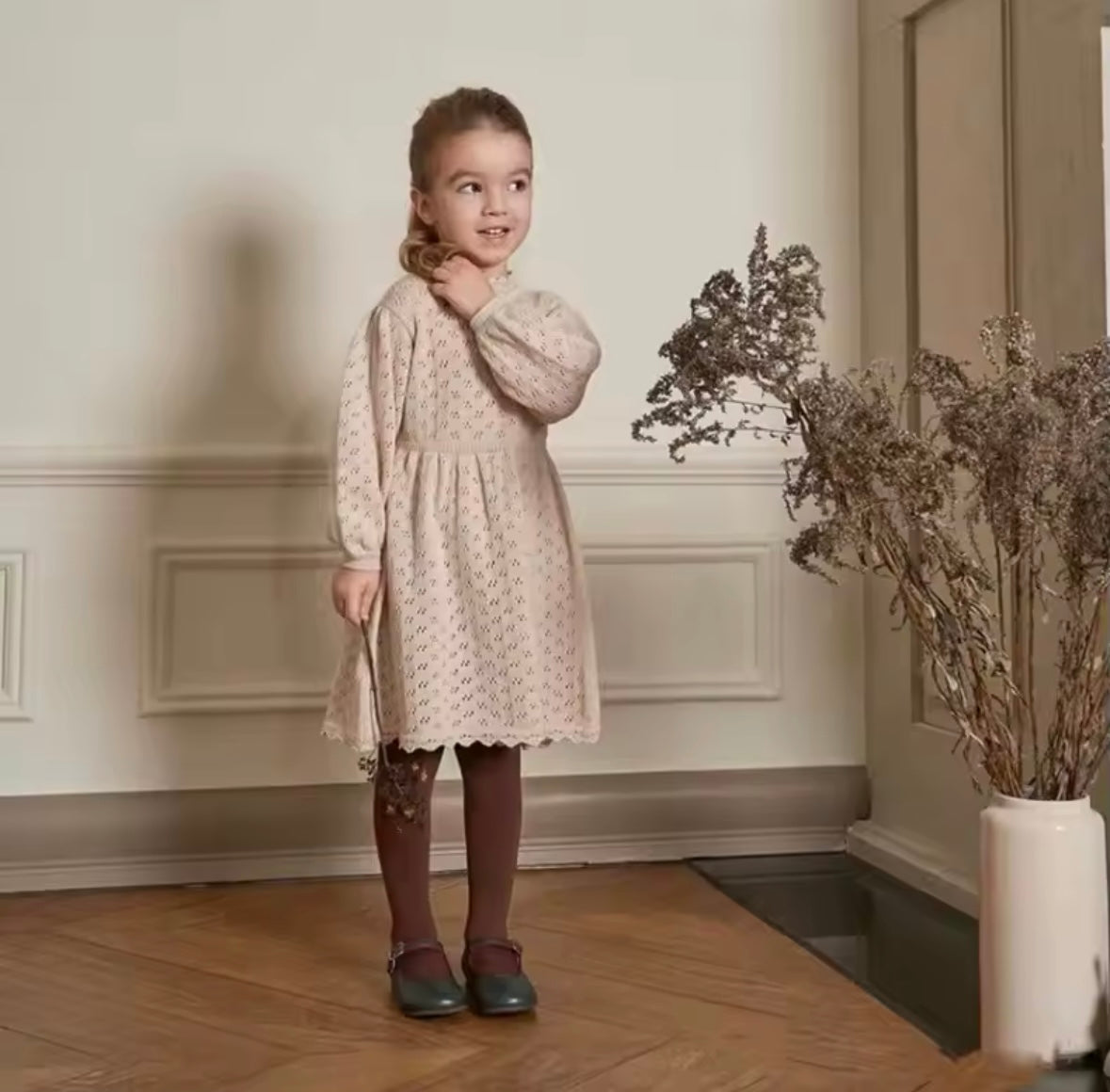Girls’ Beige Knit Eyelet Dress – Long Sleeve Scalloped Hem