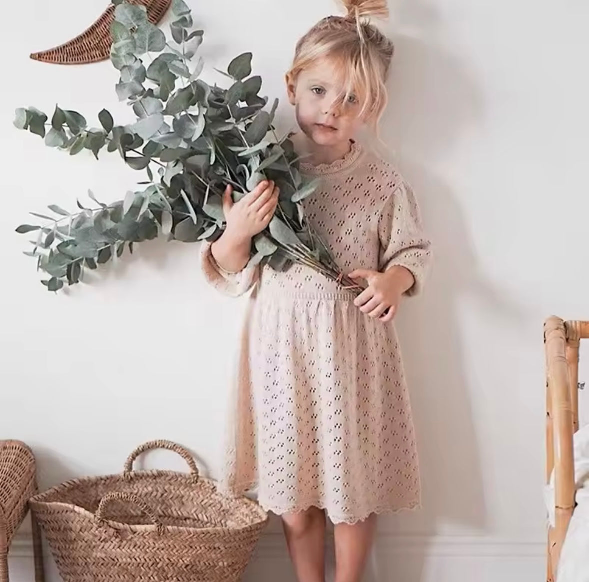 Girls’ Beige Knit Eyelet Dress – Long Sleeve Scalloped Hem