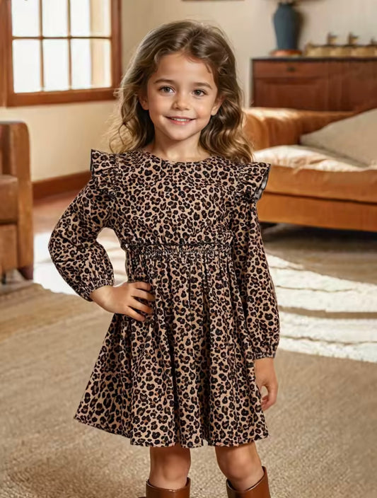 Girls’ Leopard Print Ruffle Long Sleeve Dress – Smocked Waist