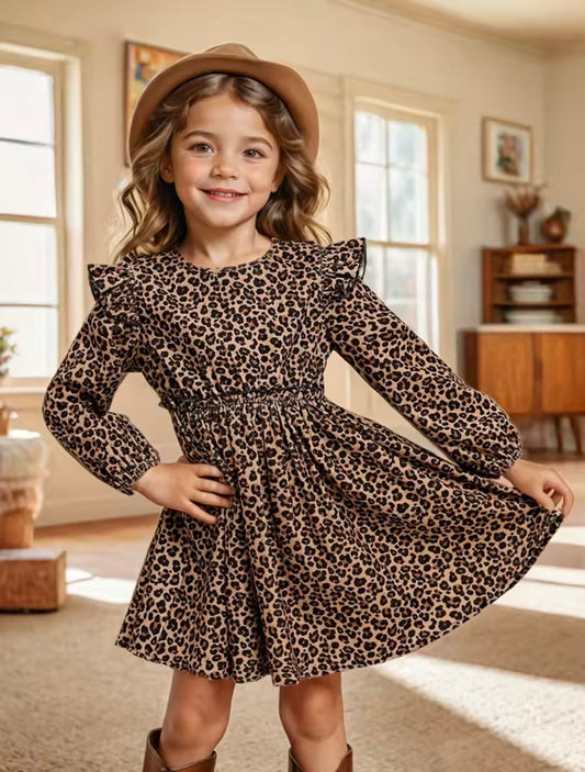 Girls’ Leopard Print Ruffle Long Sleeve Dress – Smocked Waist