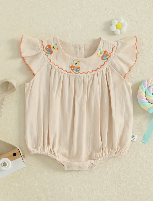Baby Girl Flutter Sleeve Romper – Teddy Bear Embroidery.  Size 0-3 months
