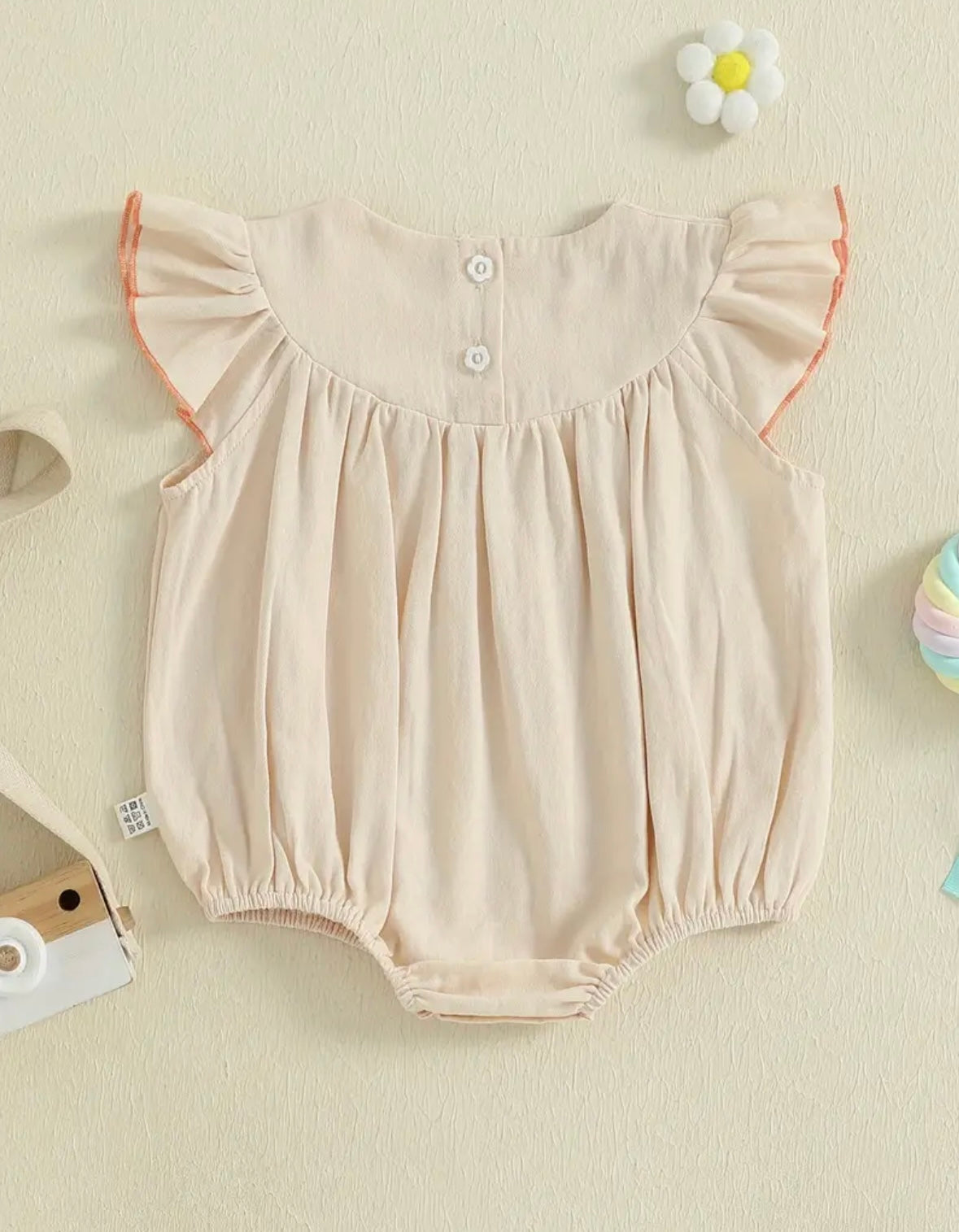 Baby Girl Flutter Sleeve Romper – Teddy Bear Embroidery.  Size 0-3 months