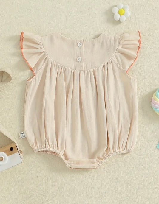 Baby Girl Flutter Sleeve Romper – Teddy Bear Embroidery.  Size 0-3 months