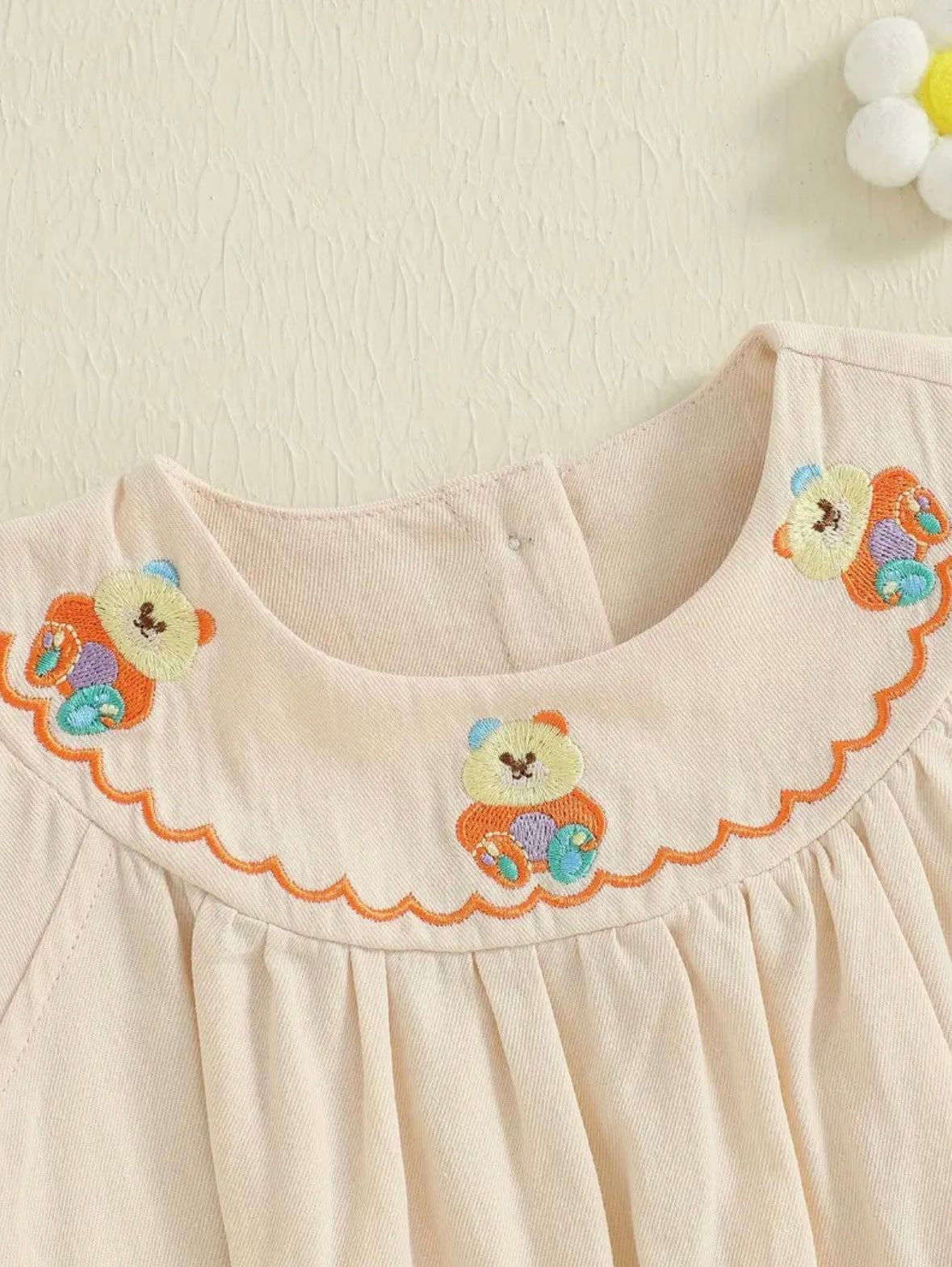Baby Girl Flutter Sleeve Romper – Teddy Bear Embroidery.  Size 0-3 months
