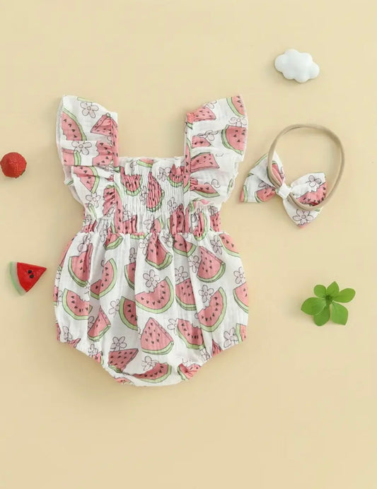 Baby Girl Watermelon Print Ruffle Romper & Headband Set. Size 0-3months