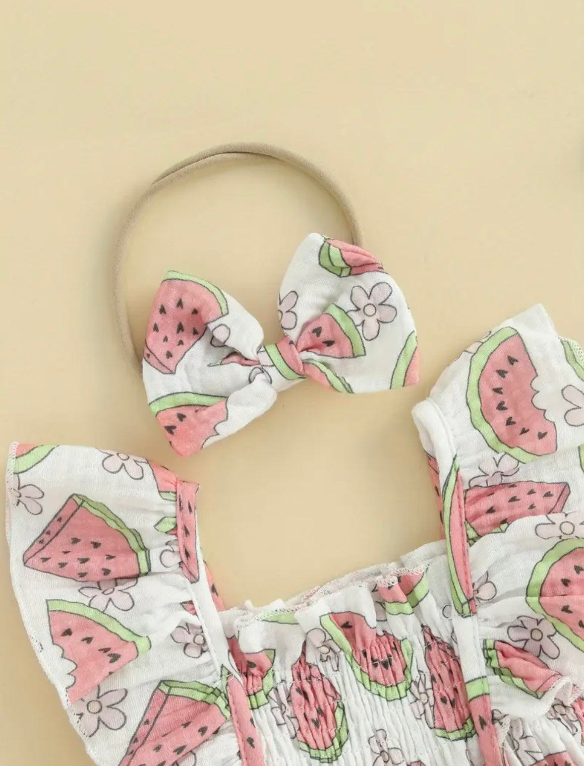 Baby Girl Watermelon Print Ruffle Romper & Headband Set. Size 0-3months