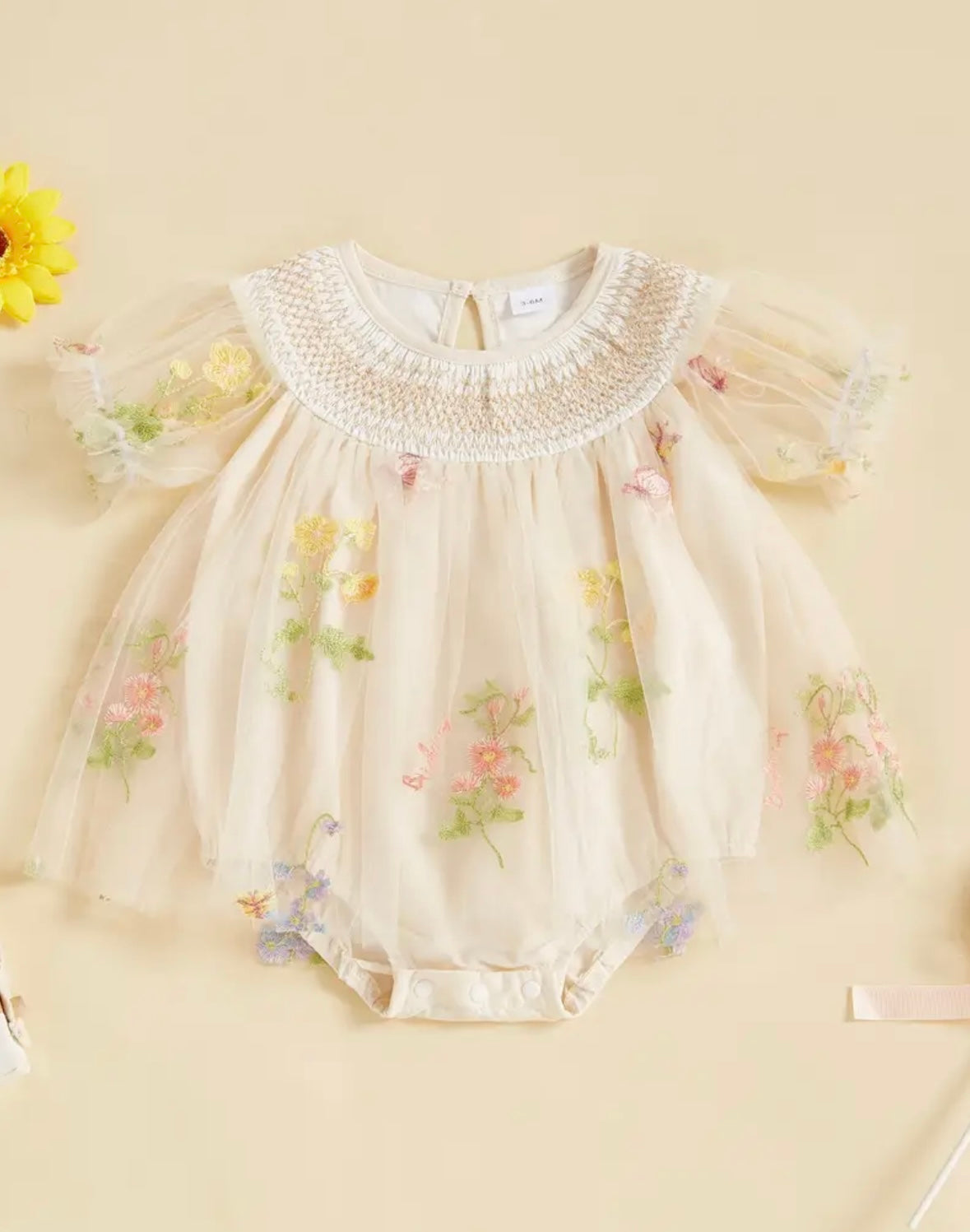Embroidered Floral Tulle Baby Romper – Ivory, 3-6M