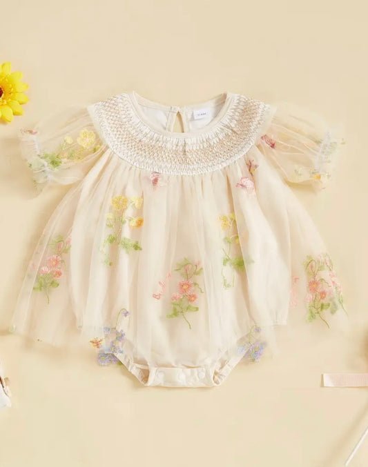 Embroidered Floral Tulle Baby Romper – Ivory, 3-6M