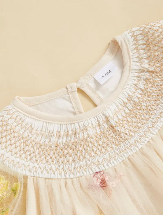 Embroidered Floral Tulle Baby Romper – Ivory, 3-6M