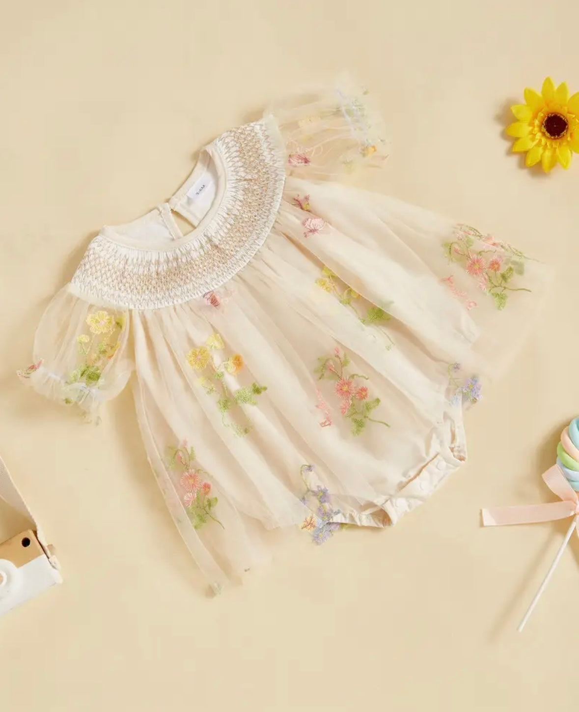 Embroidered Floral Tulle Baby Romper – Ivory, 3-6M