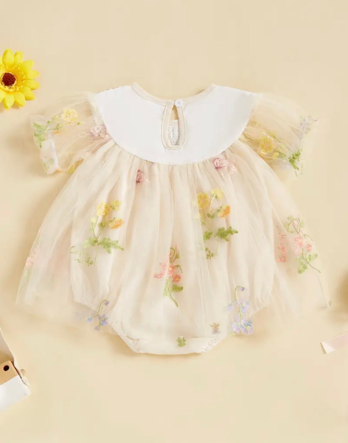 Embroidered Floral Tulle Baby Romper – Ivory, 3-6M
