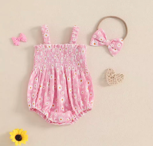 Pink Daisy Smocked Baby Romper – with Matching Headband. Size 3-6months