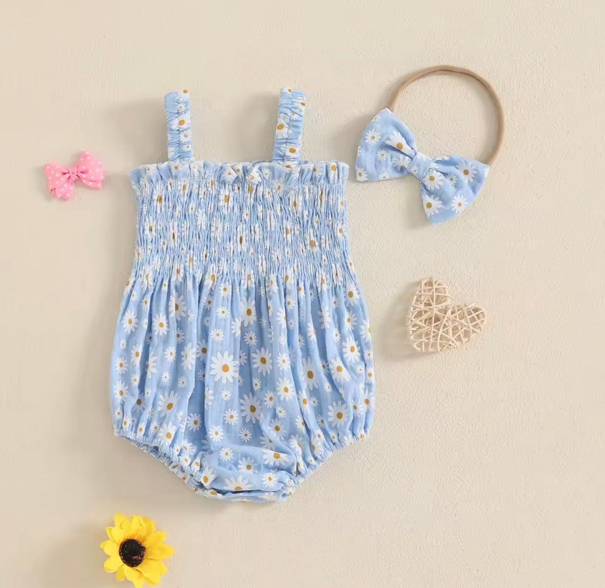 Blue Daisy Smocked Baby Romper – with Matching Headband. Size 3-6months