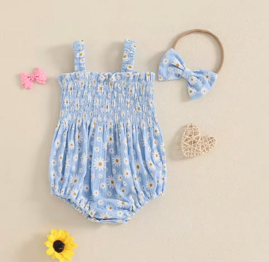 Blue Daisy Smocked Baby Romper – with Matching Headband. Size 3-6months