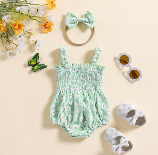 Mint Green Daisy Smocked Baby Romper – with Matching Headband  Size 0-3months