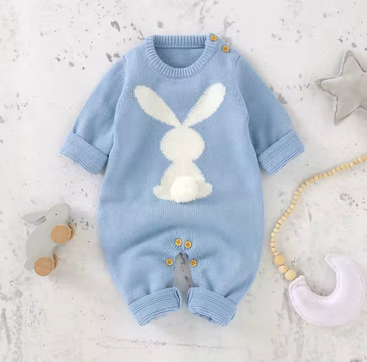 Baby Blue Knit Bunny Romper – Long Sleeve, Wooden Buttons, 3 MONTHS
