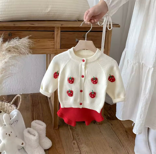 Baby Girl Strawberry Knit Cardigan & Ruffle Shorts Set – 2-Piece Outfit. Size 6 months