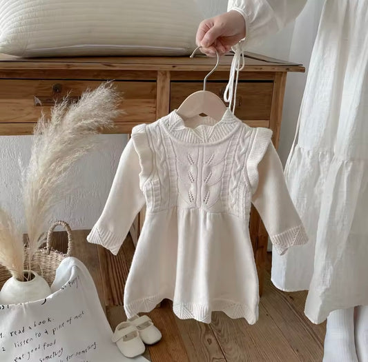 Baby Girl Long Sleeve Knit Dress – Cream Ruffle & Cable Detail  Sizes 6-9month and 12-18m