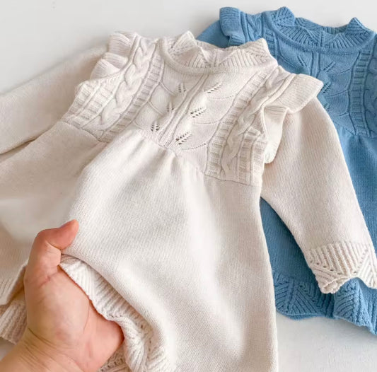 Baby Girl Long Sleeve Knit Dress – Cream Ruffle & Cable Detail  Sizes 6-9month and 12-18m