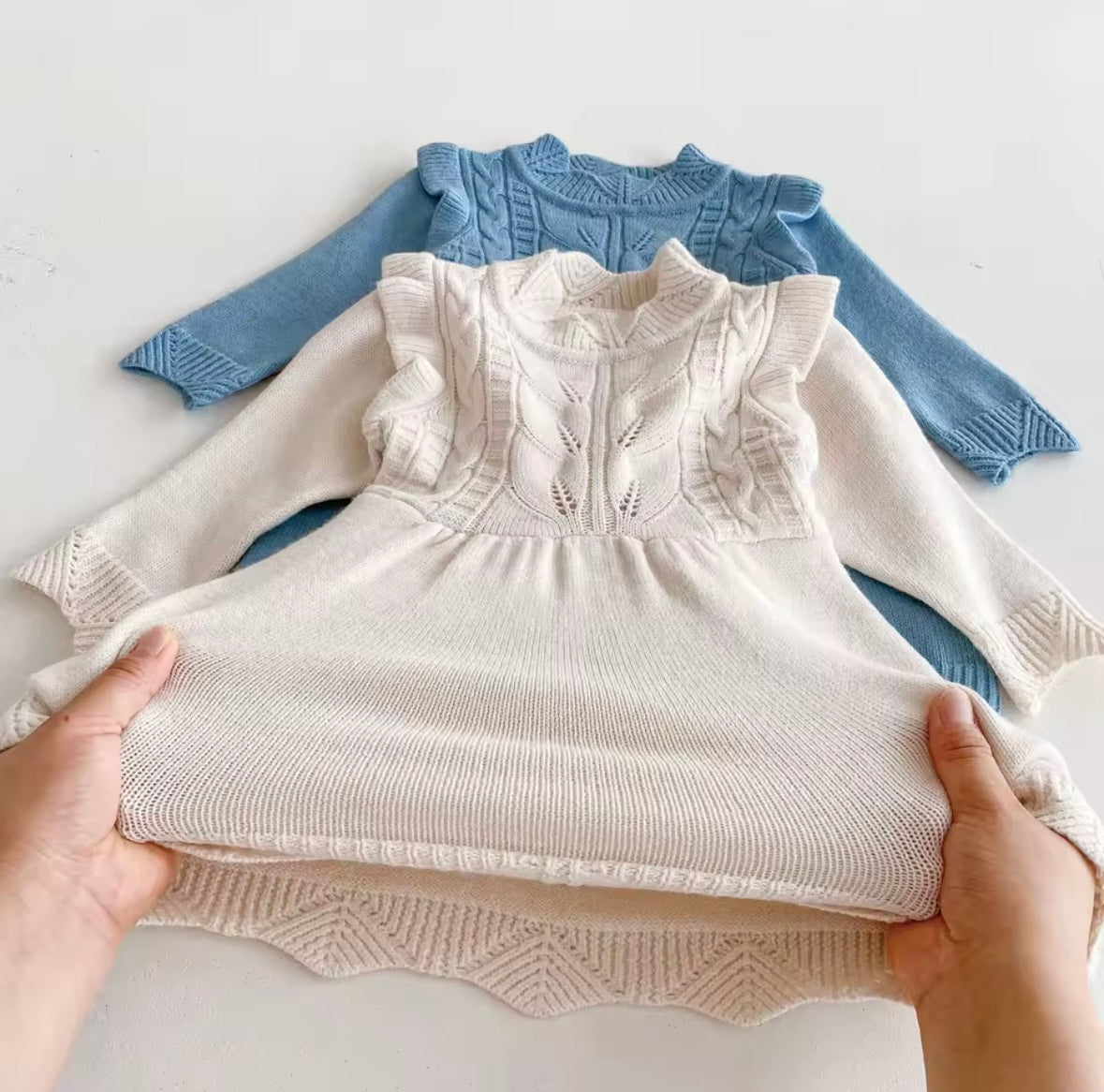 Baby Girl Long Sleeve Knit Dress – Cream Ruffle & Cable Detail  Sizes 6-9month and 12-18m
