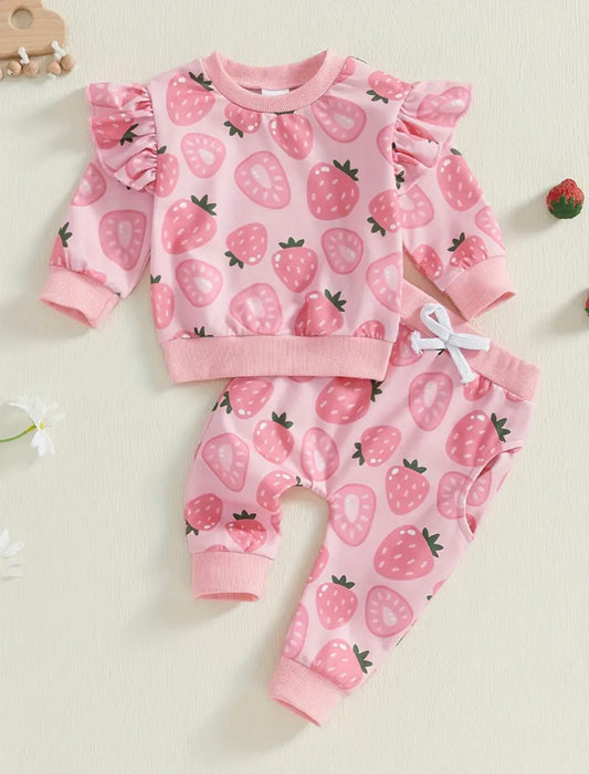 Baby & Toddler Strawberry Print Sweatshirt & Jogger Set – Pink. Size3-6months