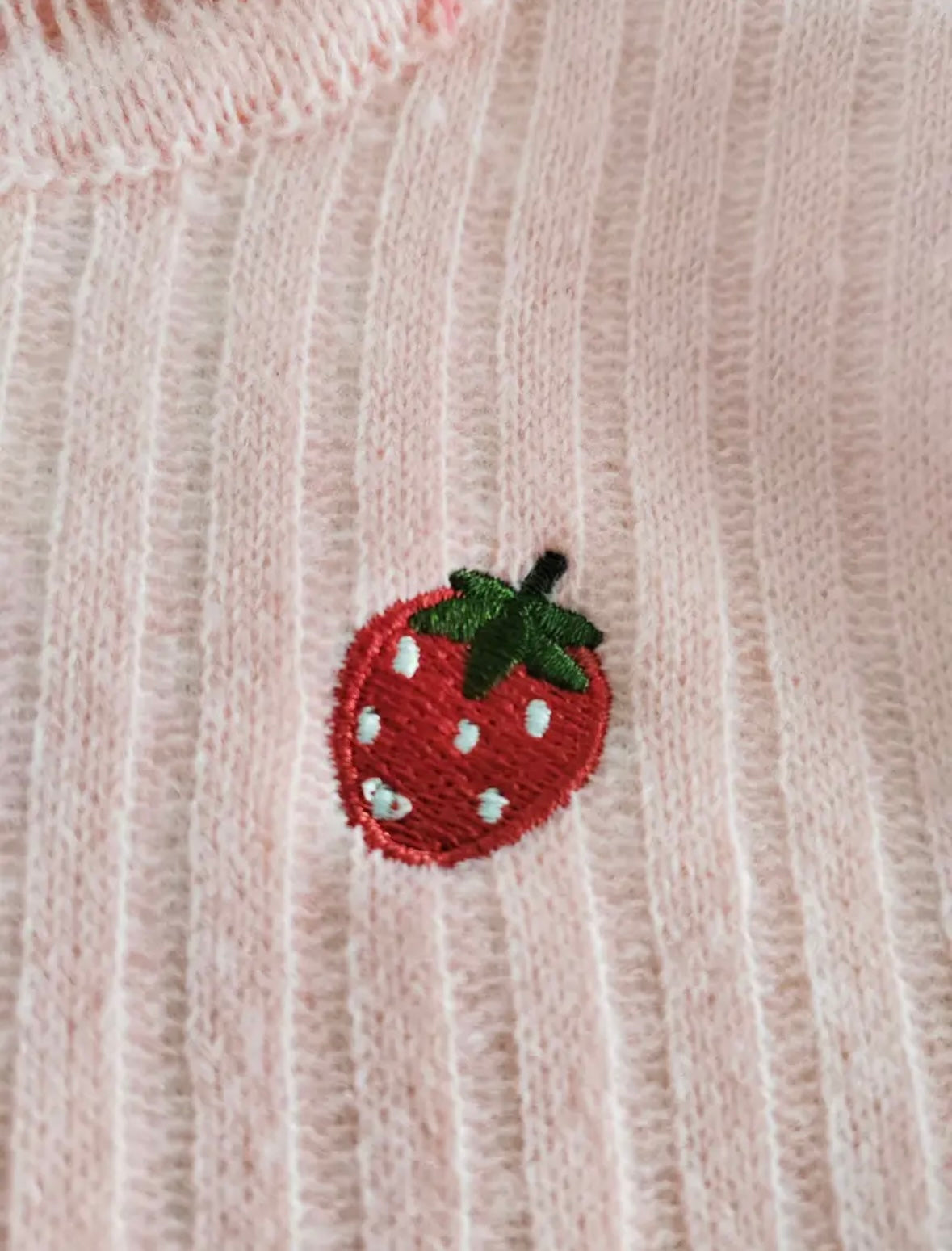 Girls Pink Ruffle Knit Sweater with Strawberry Embroidery. Size 18-24 months