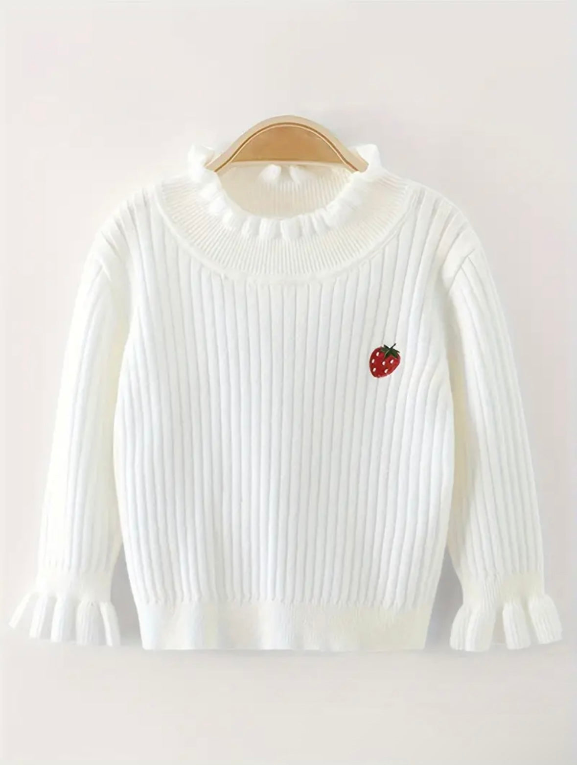 Girls White Ruffle Knit Sweater with Strawberry Embroidery – Size 4-5Y