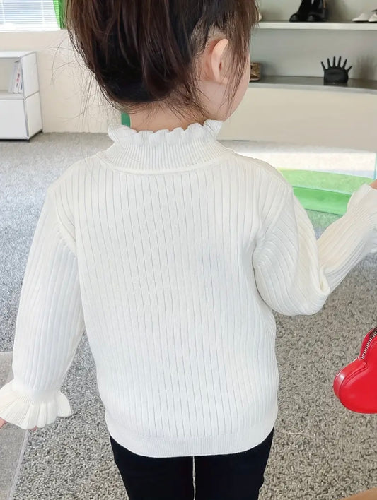 Girls White Ruffle Knit Sweater with Strawberry Embroidery – Size 4-5Y