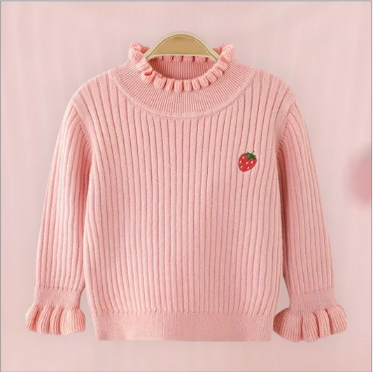 Girls Pink Ruffle Knit Sweater with Strawberry Embroidery. Size 18-24 months