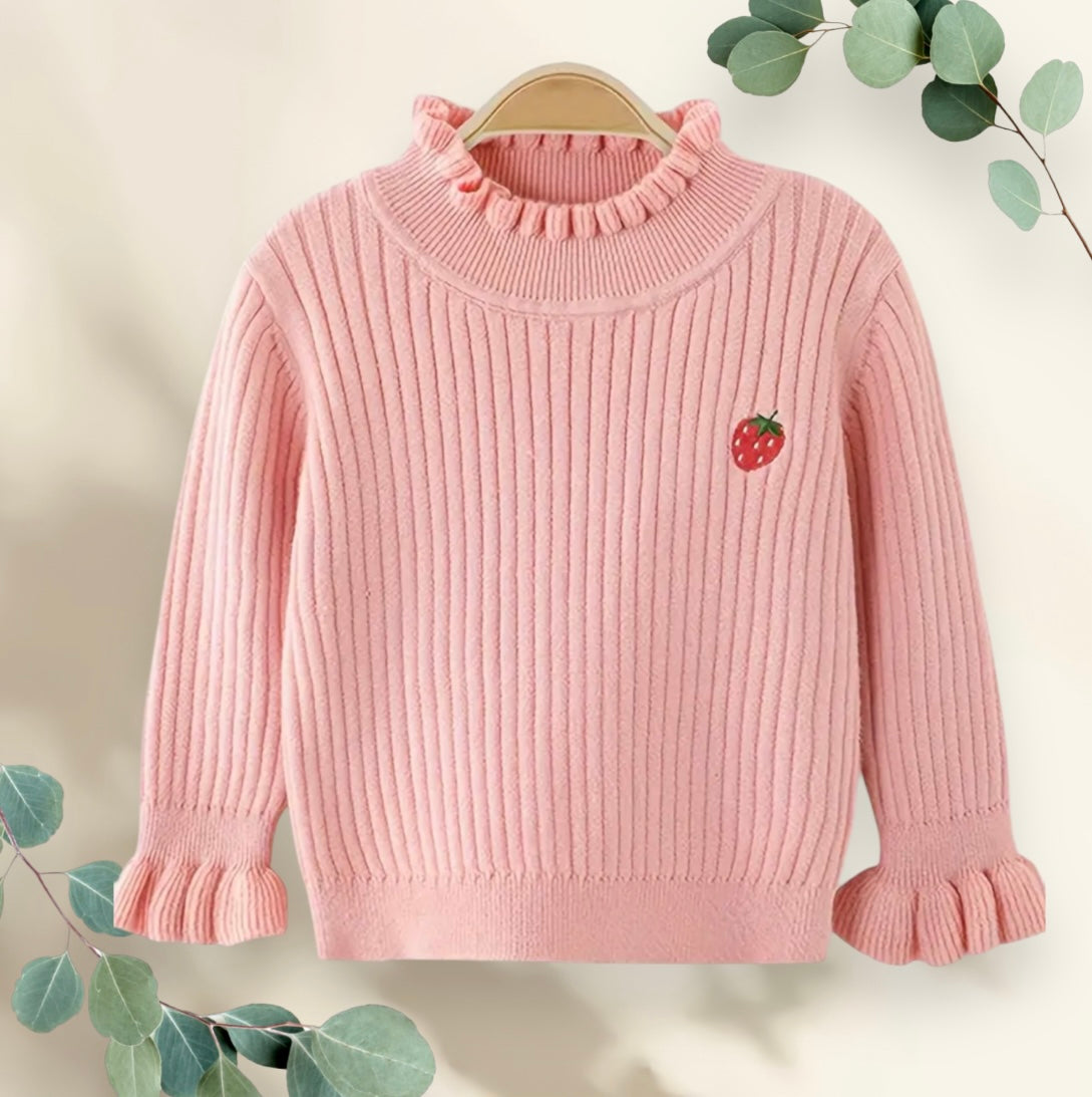 Girls Pink Ruffle Knit Sweater with Strawberry Embroidery. Size 18-24 months