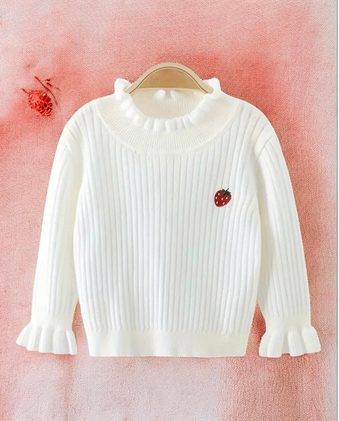 Girls White Ruffle Knit Sweater with Strawberry Embroidery – Size 4-5Y