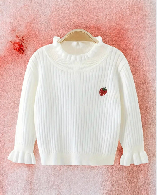 Girls White Ruffle Knit Sweater with Strawberry Embroidery – Size 4-5Y