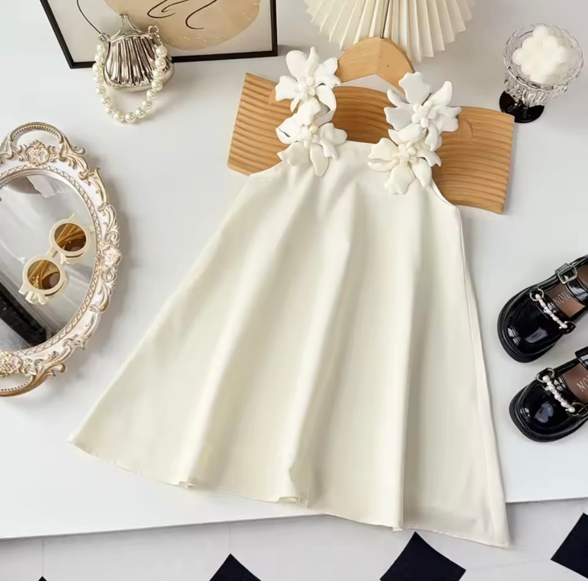 Girls Elegant White A-Line Dress with 3D Floral Shoulder Detail – Size 6