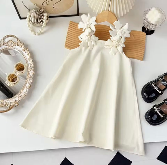 Girls Elegant White A-Line Dress with 3D Floral Shoulder Detail – Size 6