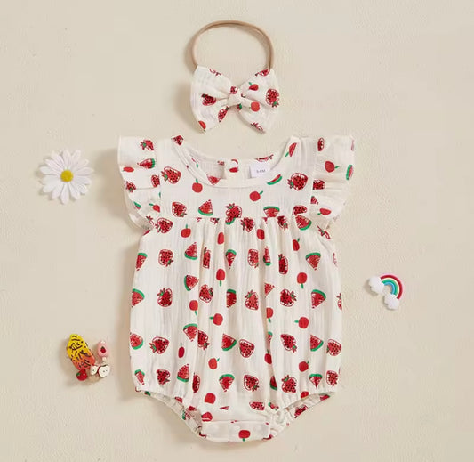 Baby Girl Summer Strawberry Romper with Headband – Flutter Sleeve Bodysuit. Size 0-3months