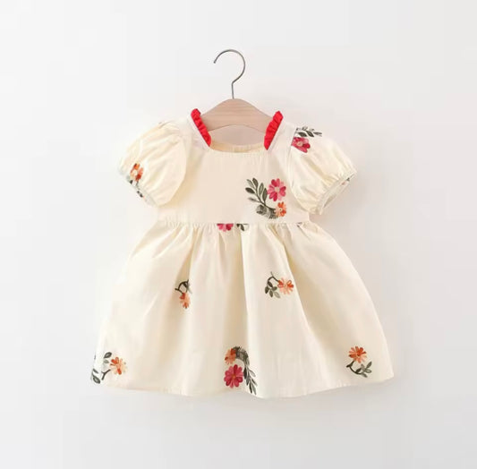 Baby Girl Puff Sleeve Floral Dress with Red Ruffle Trim – Cream. Size 9-12mo