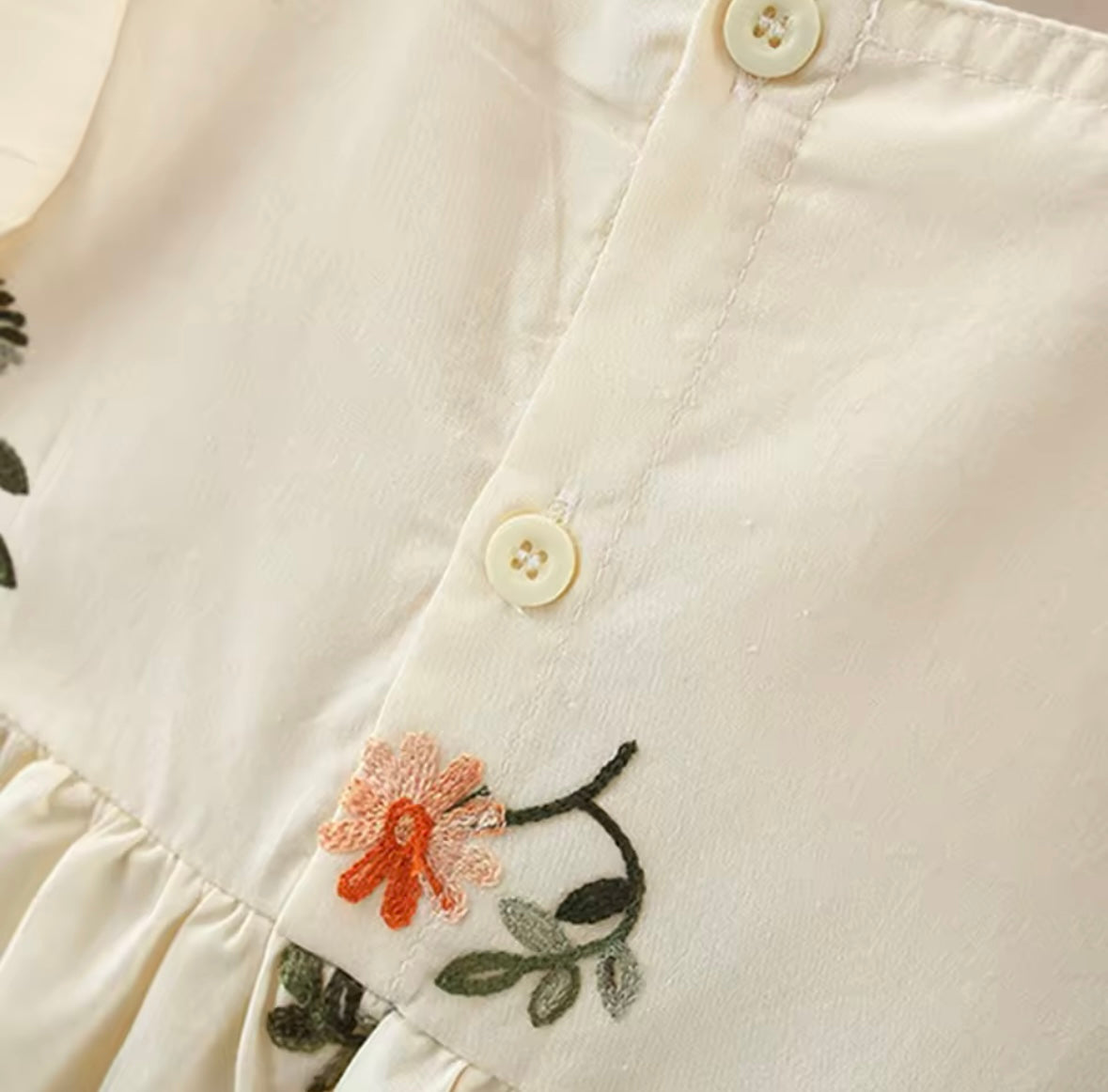Baby Girl Puff Sleeve Floral Dress with Red Ruffle Trim – Cream. Size 9-12mo