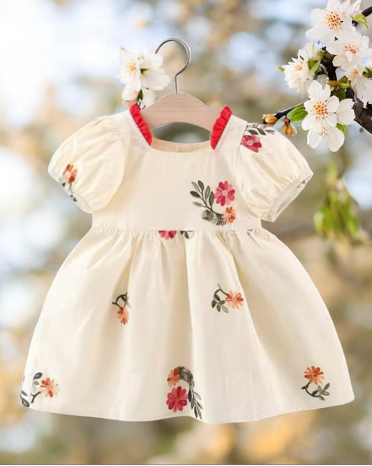 Baby Girl Puff Sleeve Floral Dress with Red Ruffle Trim – Cream. Size 9-12mo