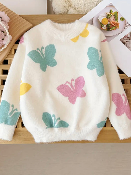 Girls’ Cozy Knit Sweater – White with Colorful Butterfly Print (Size 3–4 Years)