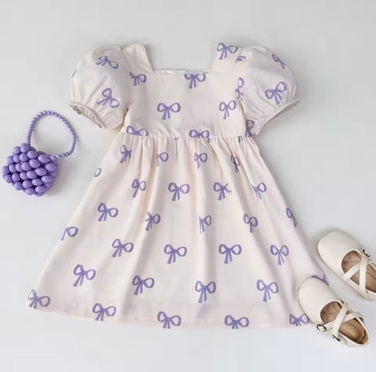 Toddler Girl Puff Sleeve Dress with Lavender Bow Print – Size 4Y