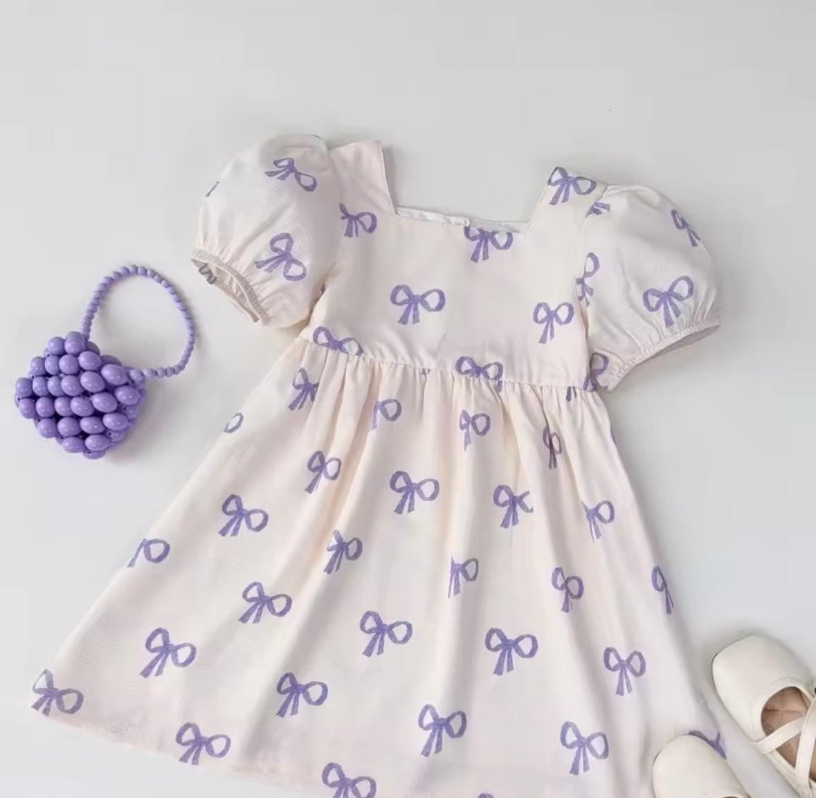 Toddler Girl Puff Sleeve Dress with Lavender Bow Print – Size 4Y