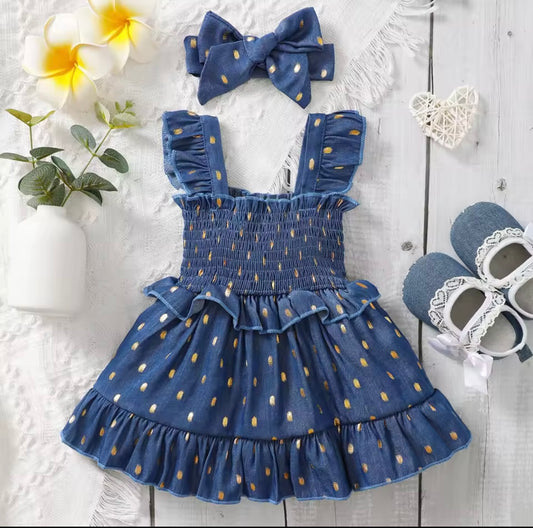 Baby Girl Denim Ruffle Dress & Matching Headband – 6-9 Months