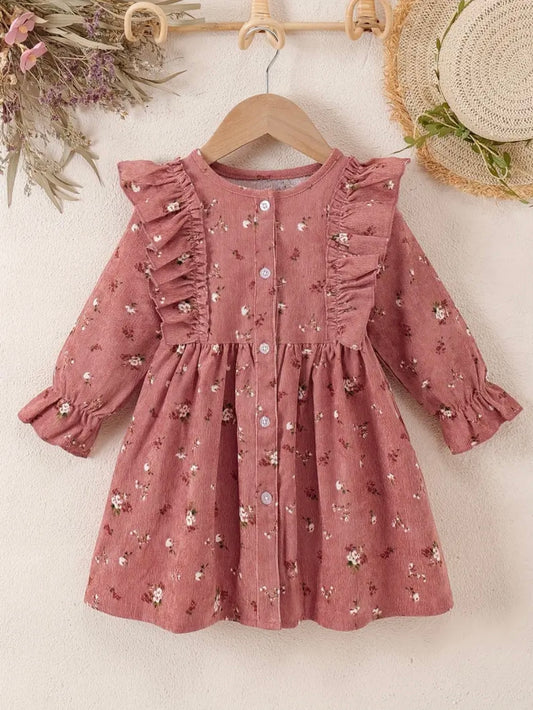 Girls’ Pink Floral Ruffle Long-Sleeve Dress | Size 4-5Y