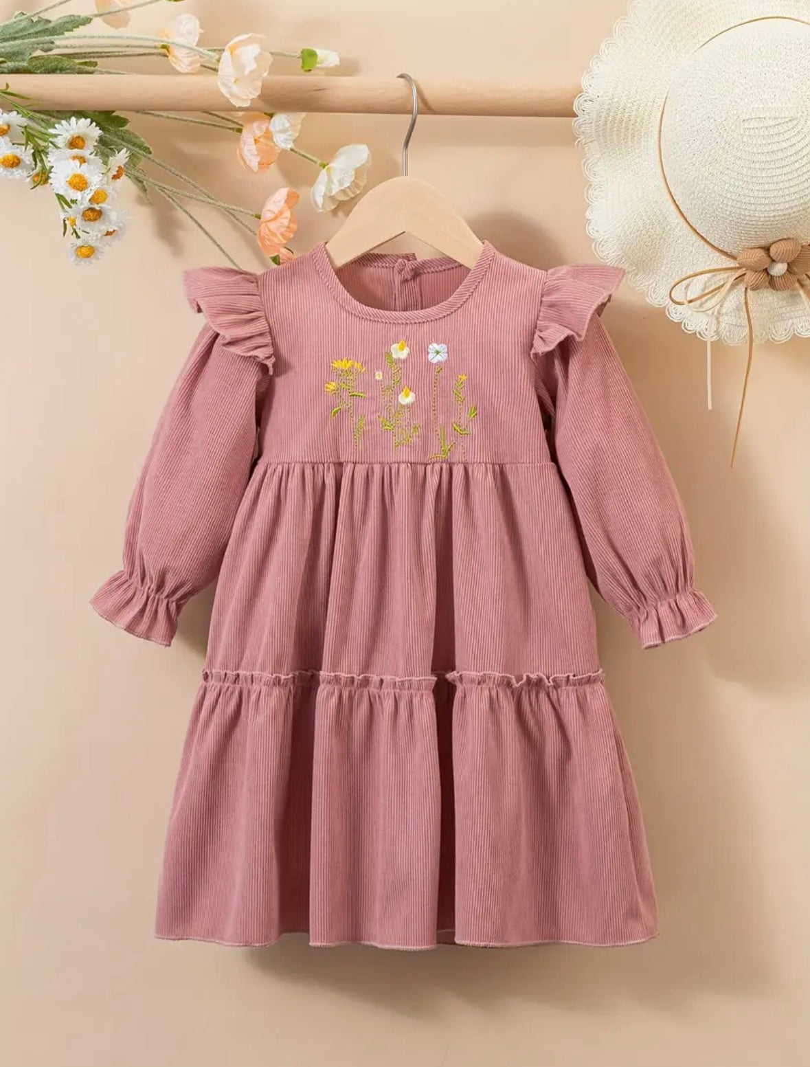 Girls Embroidered Corduroy Dress – Long Sleeve. Available sizes (3-4Y) and (4-5Y)