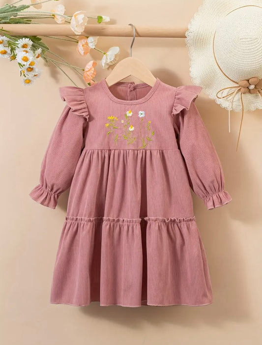 Girls Embroidered Corduroy Dress – Long Sleeve. Available sizes (3-4Y) and (4-5Y)