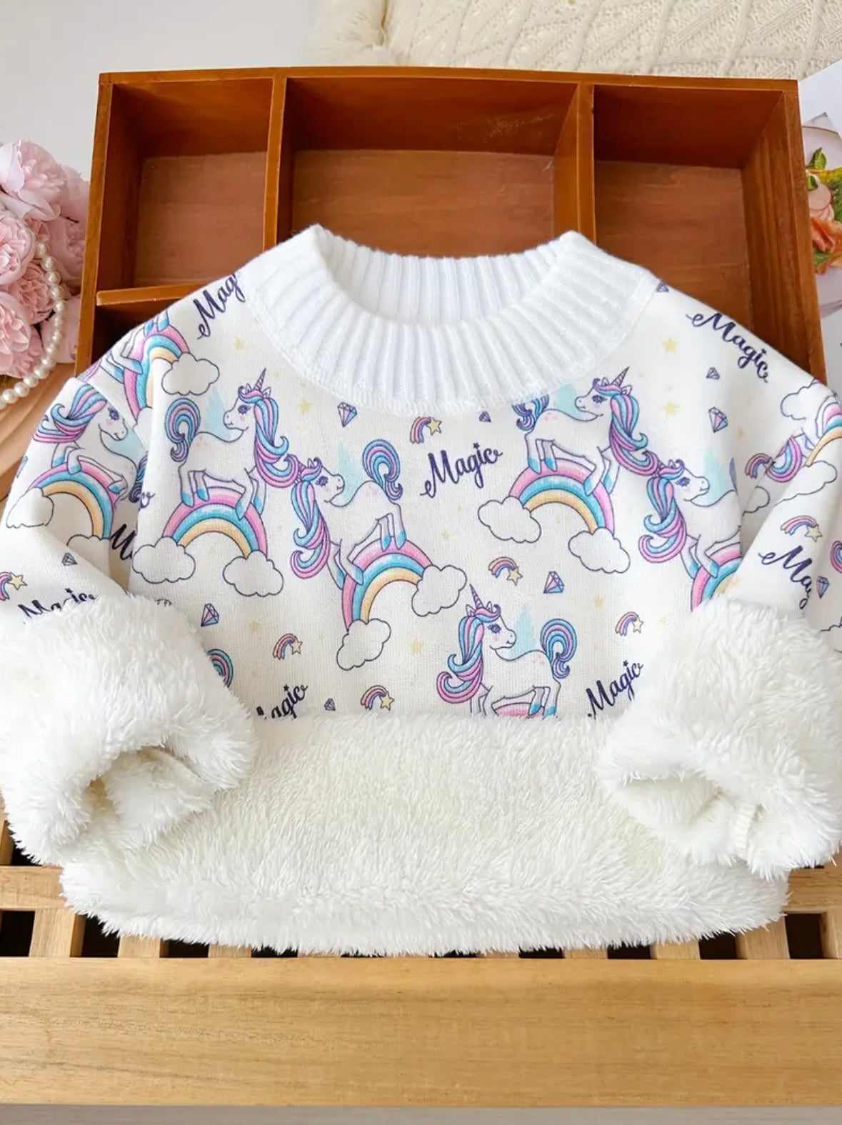 Girls Unicorn Sweater – Rainbow & Magic Print available in sizes (2-3Y) and(3–4Y)