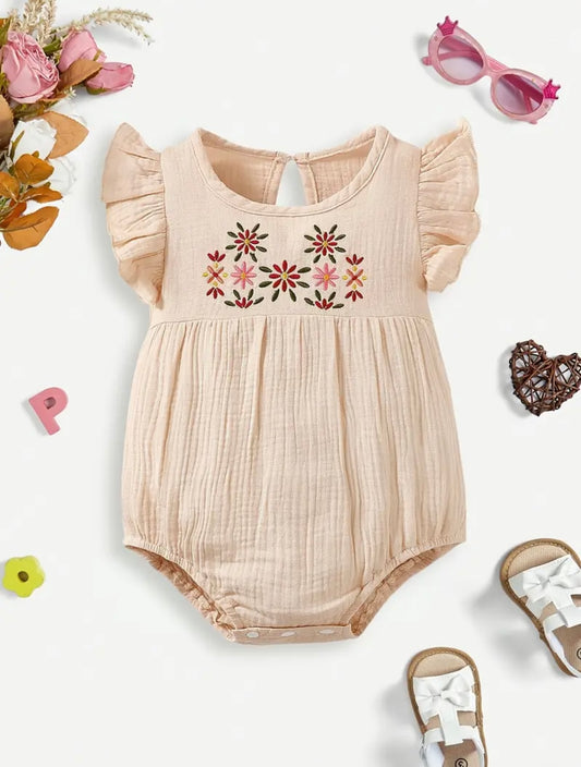 Baby Girl Flutter Sleeve Romper – Embroidered Floral  sizes (1-3 months) and (6–9M) are available