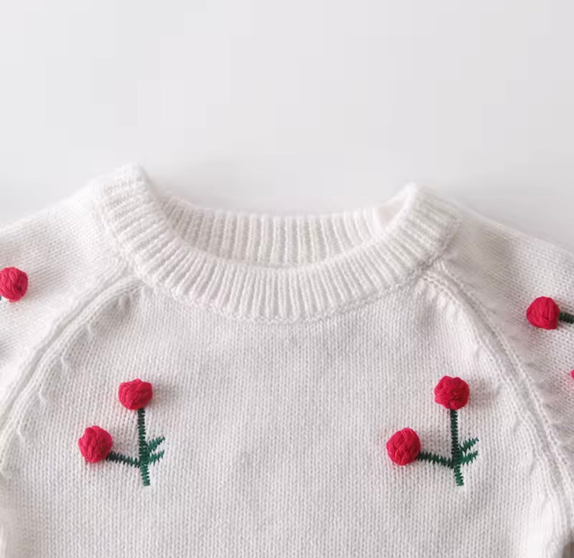 Baby Girl Knit Bodysuit – White with Cherry Embroidery (3–6M)